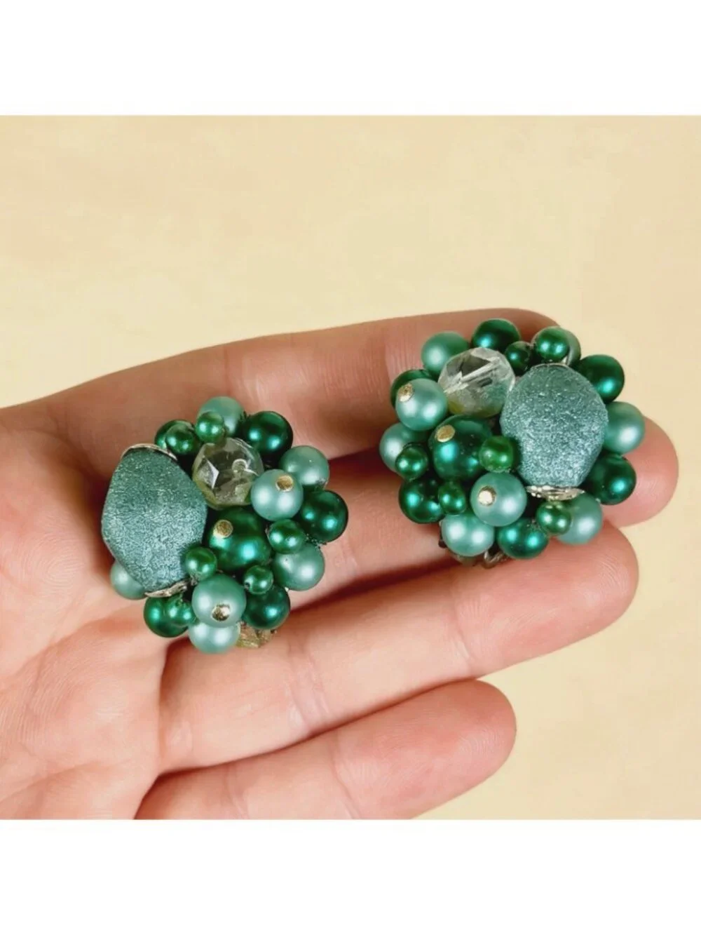 Vintage Japan Signed Green Sugar Bead Faux Pearl Clip On Statement Earrings A8